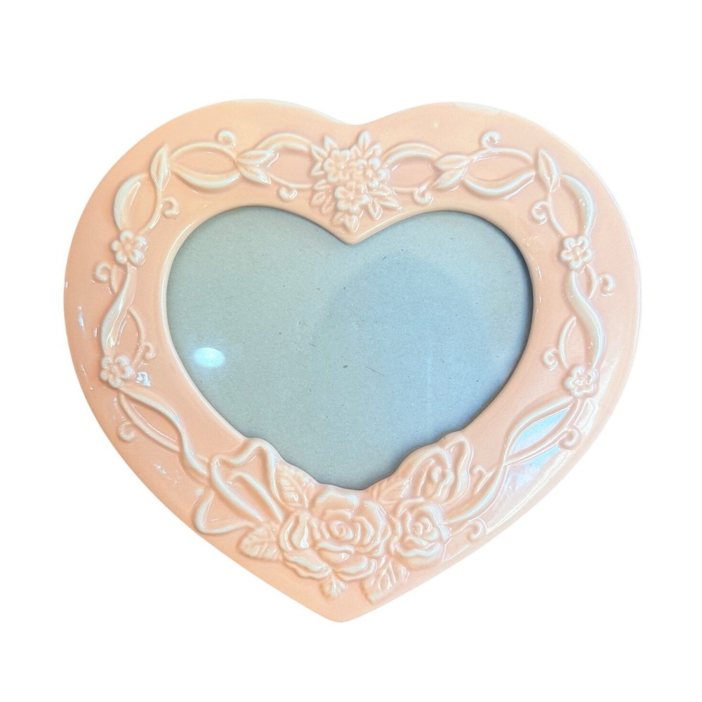 Vintage Heart Picture Frame Ceramic Floral Rose Embossed Coquette Decor 7"